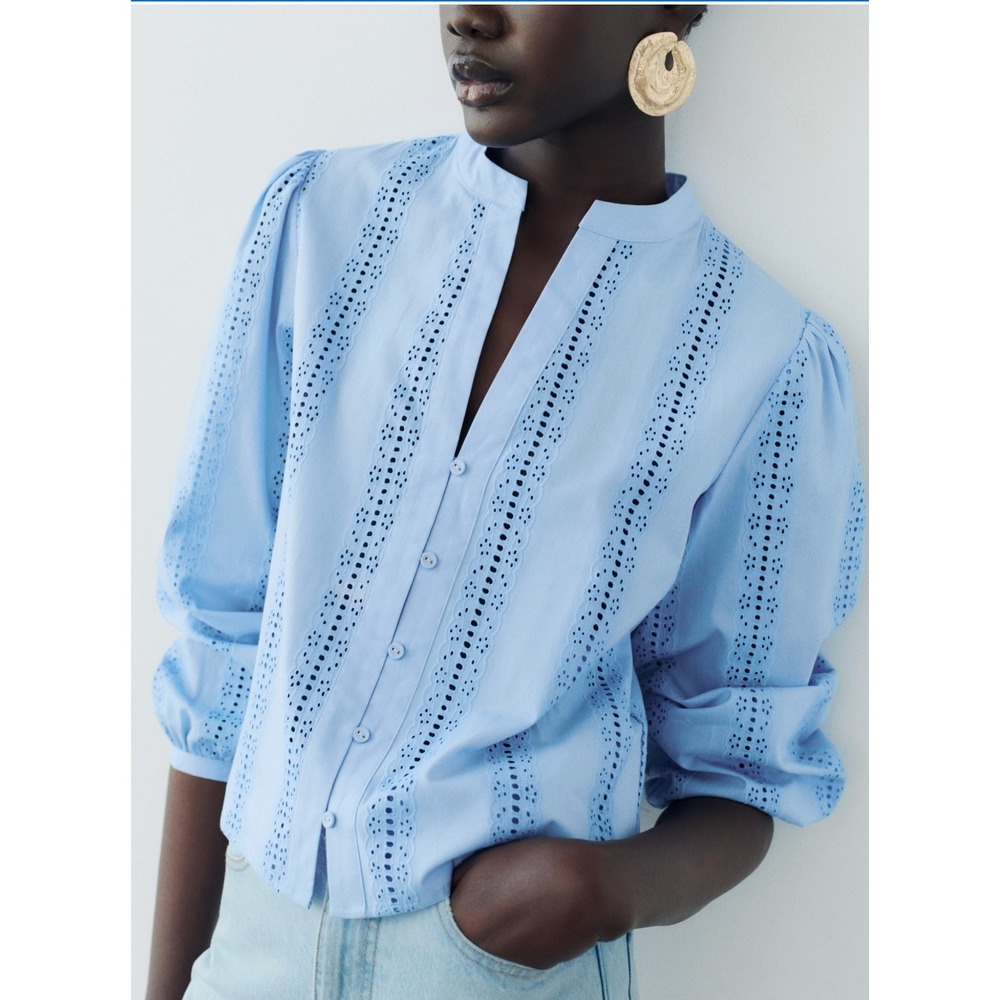 Zara Embroidered Eyelet Blouse Light Blue Puff Sleeve Cropped Cotton XS NWT